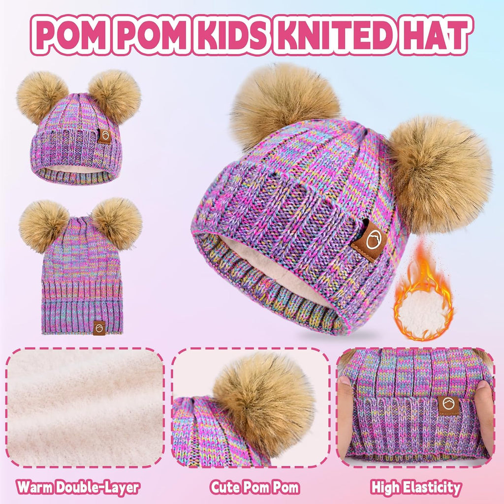 Kids Winter Hat Gloves Scarf Set Girls, Children Beanies Hats with Pom Pom