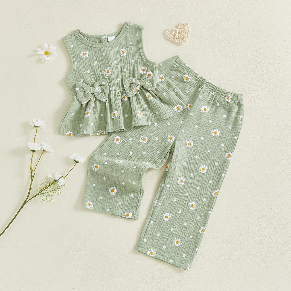 Infant Baby Toddler Girl Clothes Daisy Linen Outfits Bows Shirts Long Pants
