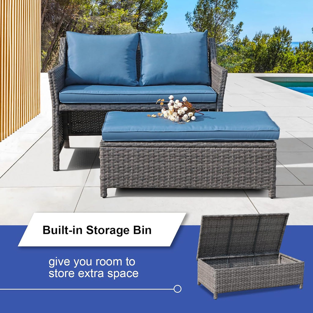 Wicker Patio Loveseat w/Storage Ottoman, 2 Pcs, Navy Blue | 2-Seat Outdoor Couch,w/Soft Cushions & Built-in Storage