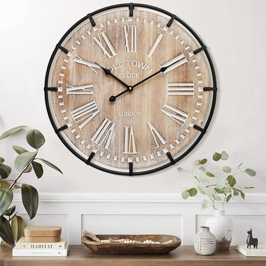 24 Inch Large Farmhouse Wall Clock, Rustic Wooden Wall Clock Decorative with Metal Circle and Engraved Numerals