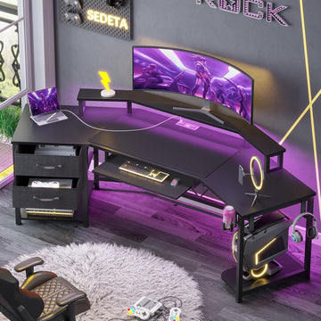 79" Gaming Desk with Fabric Drawers Storage, LED Light & Power Strip | Carbon Fiber Black Long Computer Desk with