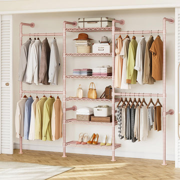 H3 Wall Mounted Closet System, Industrial Pipe Clothing Rack, Pink