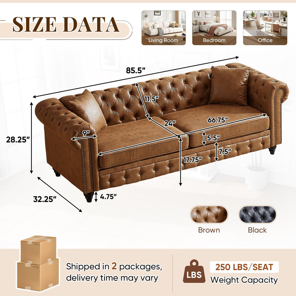 Chesterfield Sofa, 3 Seater High-Tech Fabric Couch with Pillows & Button Tufted Back, Mid Century Modern Couch with