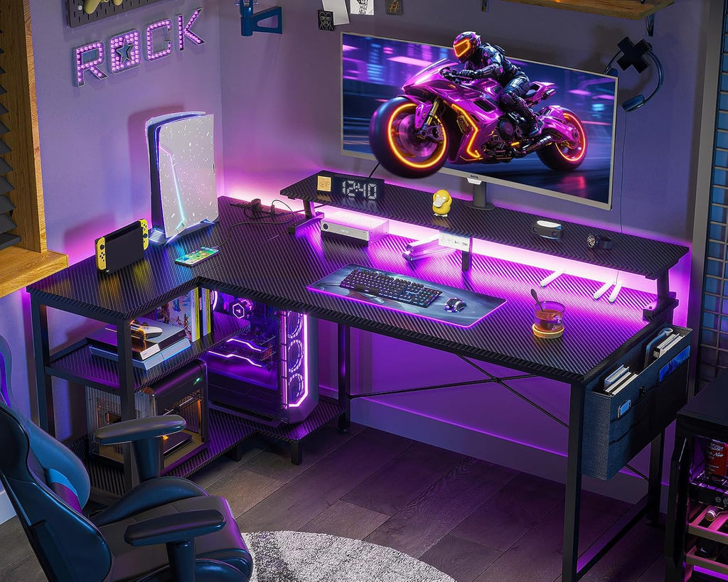 48 Inch L Shaped Gaming Desk with LED Lights, Power Outlets, Black | Adjustable Monitor Stand, Open Storage Shelves