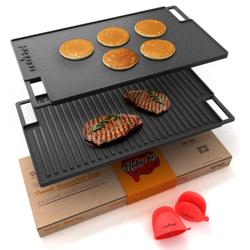 Cast Iron Reversible Griddle 18x10 Inch - Pre-Seasoned Flat Top & Ridged Grill Side, Stove Top Griddle for Gas Grill