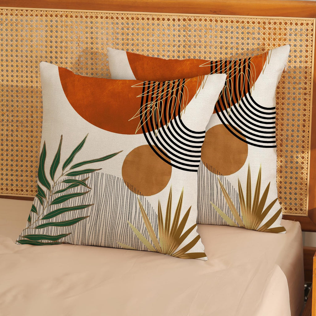 Pillow Covers 18x18 Set of 2 Green Gold Orange Throw Pillows Tropical Leaves Sunset Decor Modern Mid Century