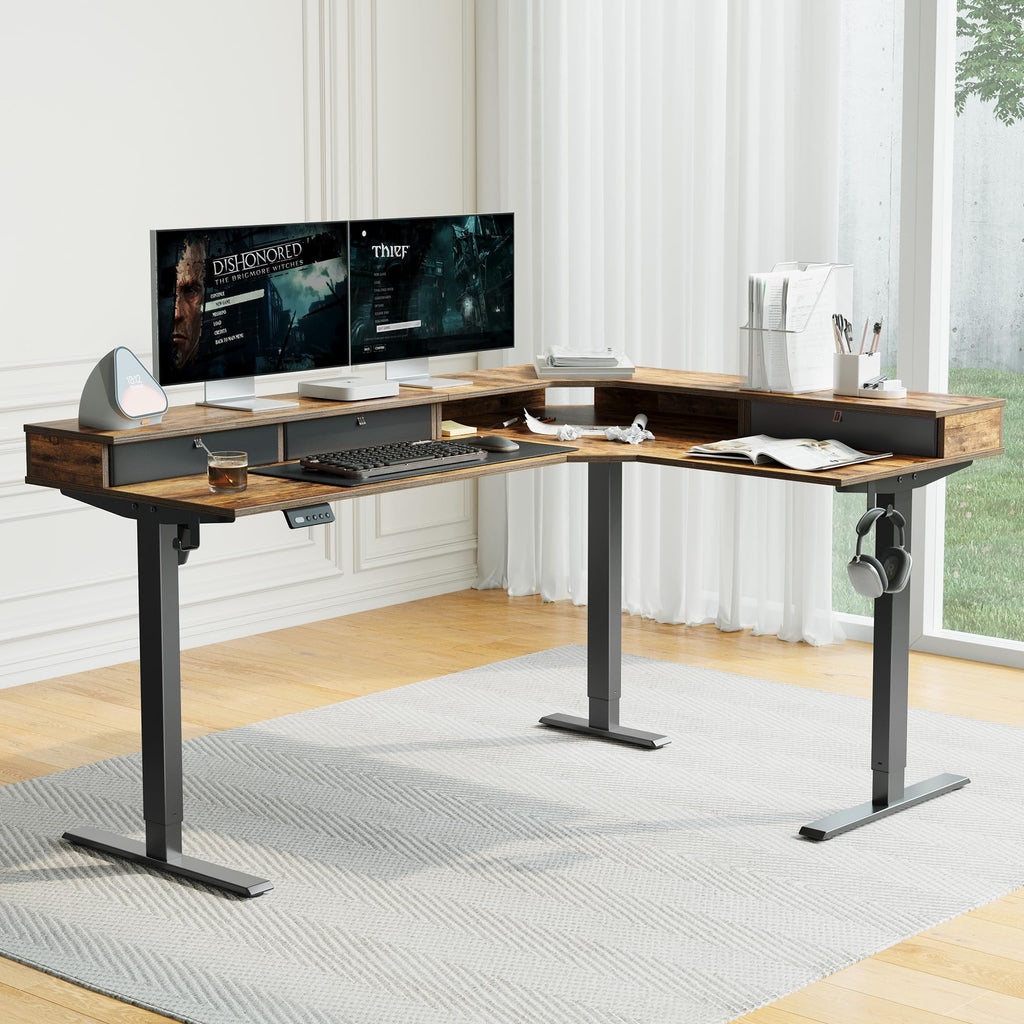 63"x48" L Shaped Standing Desk with Drawers & Shelf, Rustic Brown