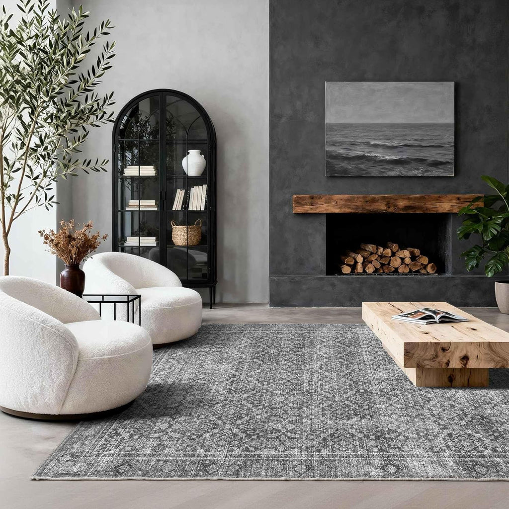 5x7 Area Rugs for Living Room Bedroom, Vintage Grey Washable Rug, Boho Floral Non Slip Low Pile Carpet for Indoor