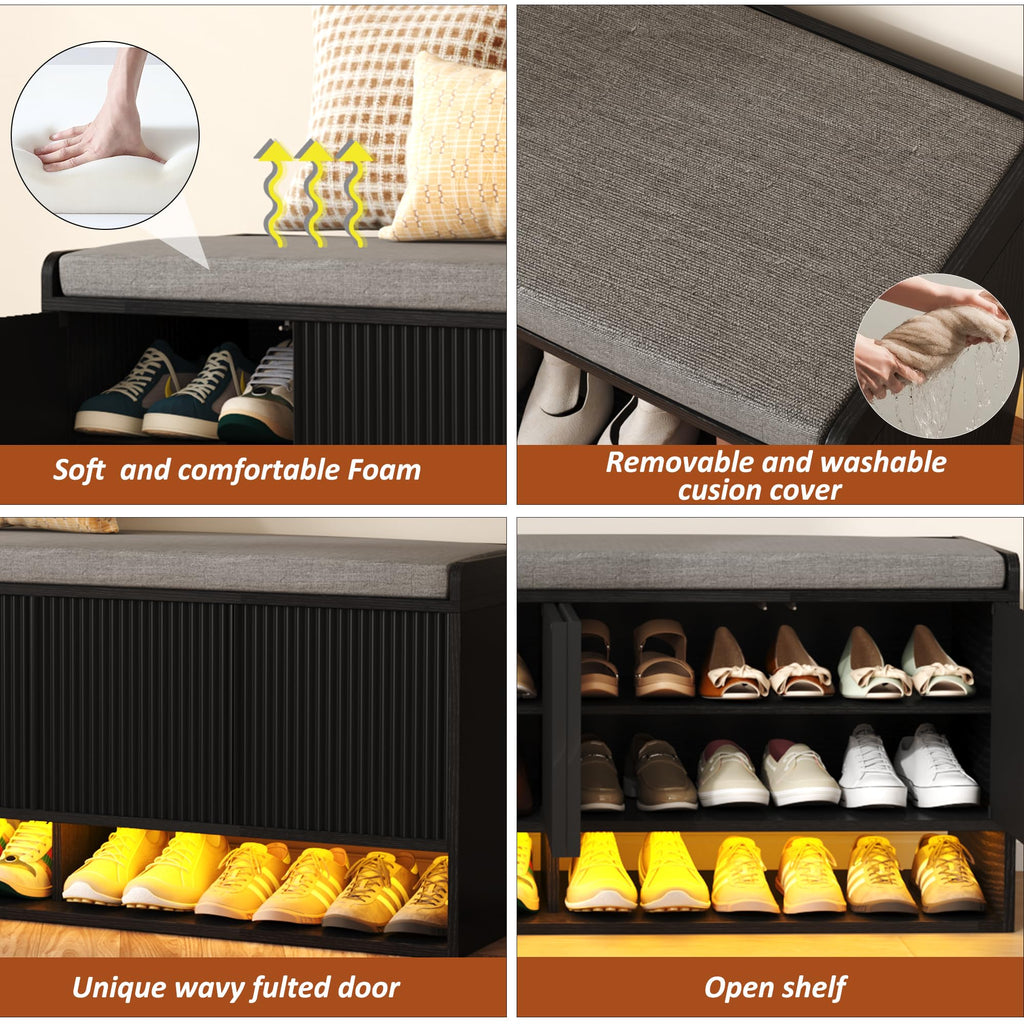 47.2" Fluted Shoe Storage Bench, Entryway Bench with Linen Seat Cushion, Shoe Cabinet Bench with Adjustable Shelf and