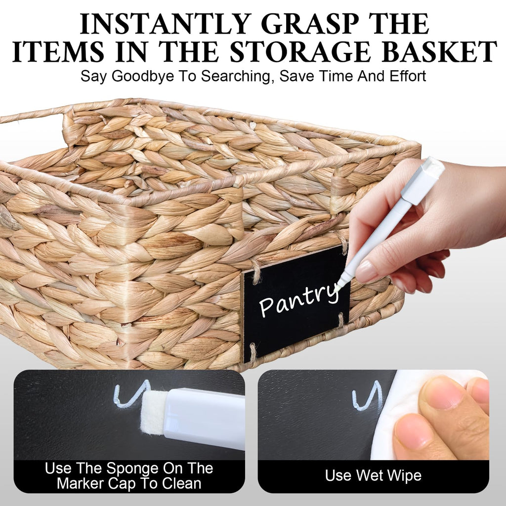 Set of 4 Sizes Hand-Woven Pantry Shelf Baskets, Hyacinth Storage Baskets with Chalkboard Labels & 2 Chalk Markers