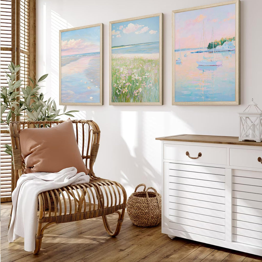 Pink Beach Wall Art Preppy Coastal Canvas Wall Decor Summer Beachy Posters Aesthetic Ocean Pictures Pastel Pink Beach