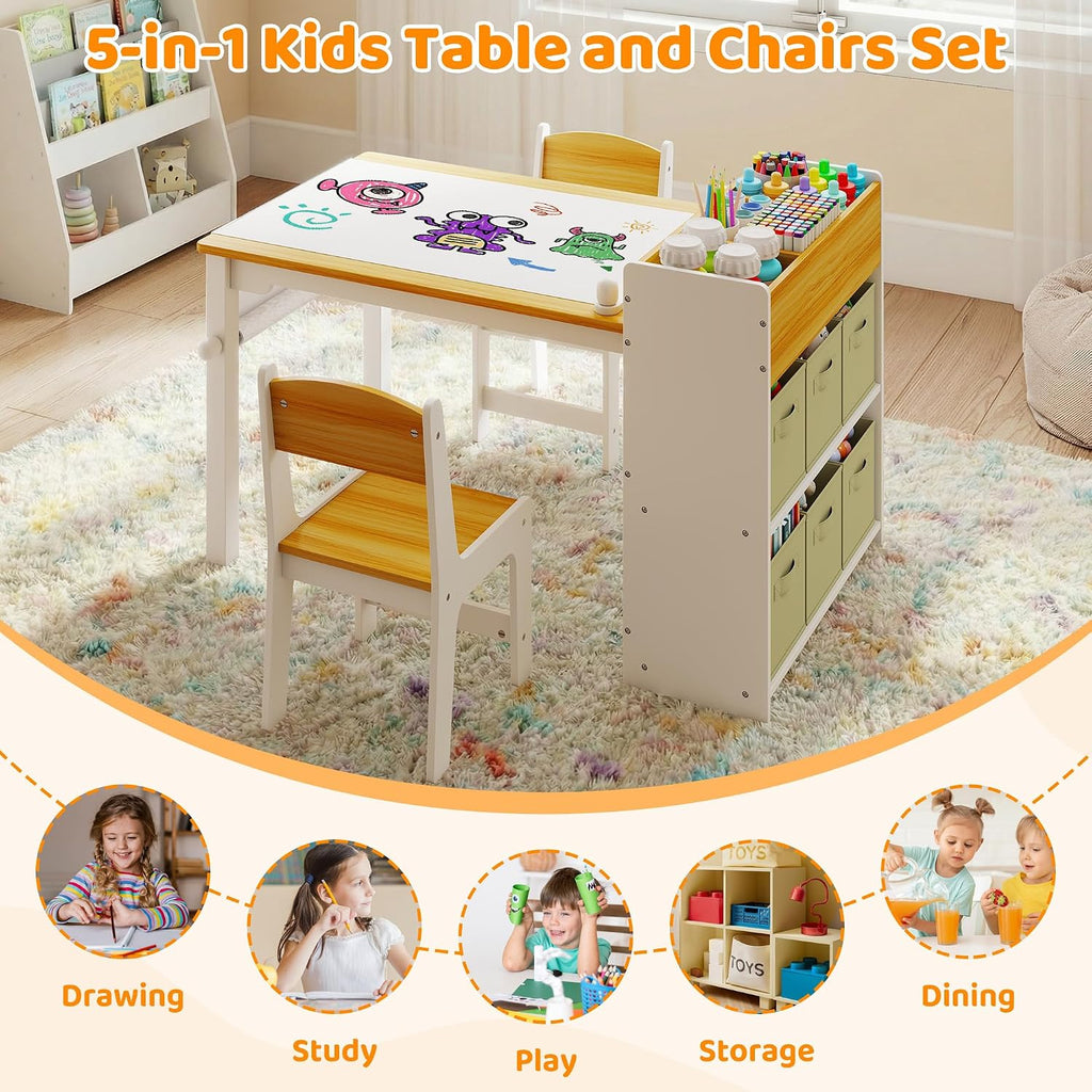 Kids Art Table and Chairs, Wooden Kids Craft Table and Chairs with Storage Bins and Paper Roll, Toddler Activity Play