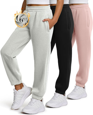 Girls Sweatpants 3 Pack Fleece Athletic Joggers, Teen Sweat Pants with Zipper Pockets and Drawstring
