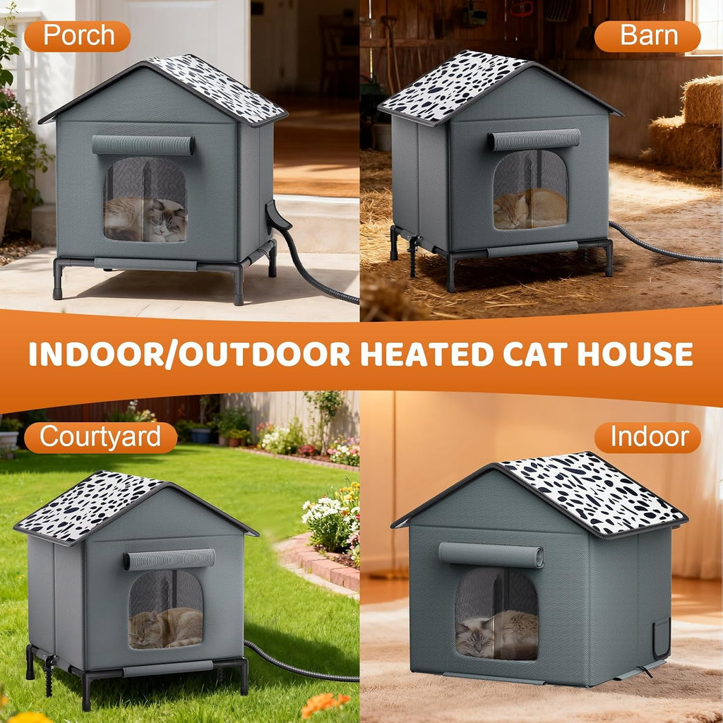 Heated Cat House for Outdoor Cats in Winter, Weatherproof Insulated Outside Cat House with Heating Pad, Warm Home