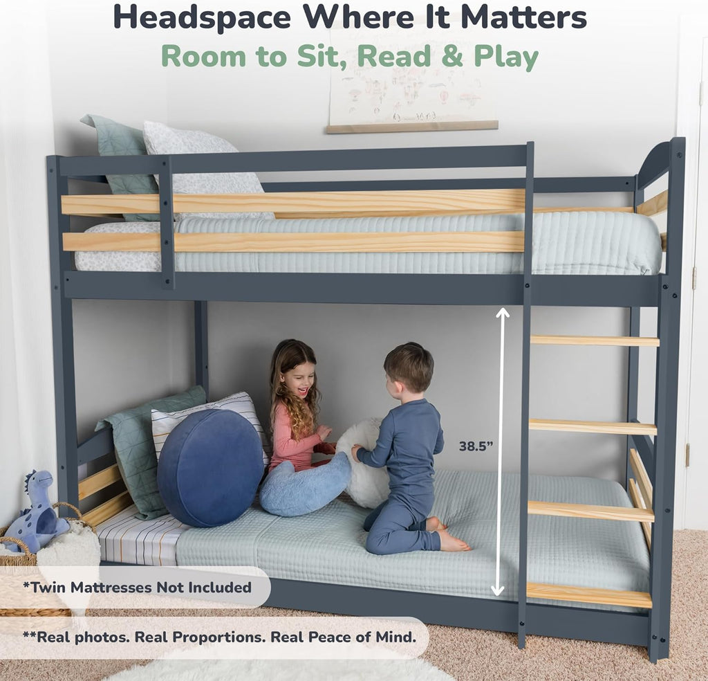 Low Bunk Bed Twin Over Twin with Unique Design for Kids and Toddlers