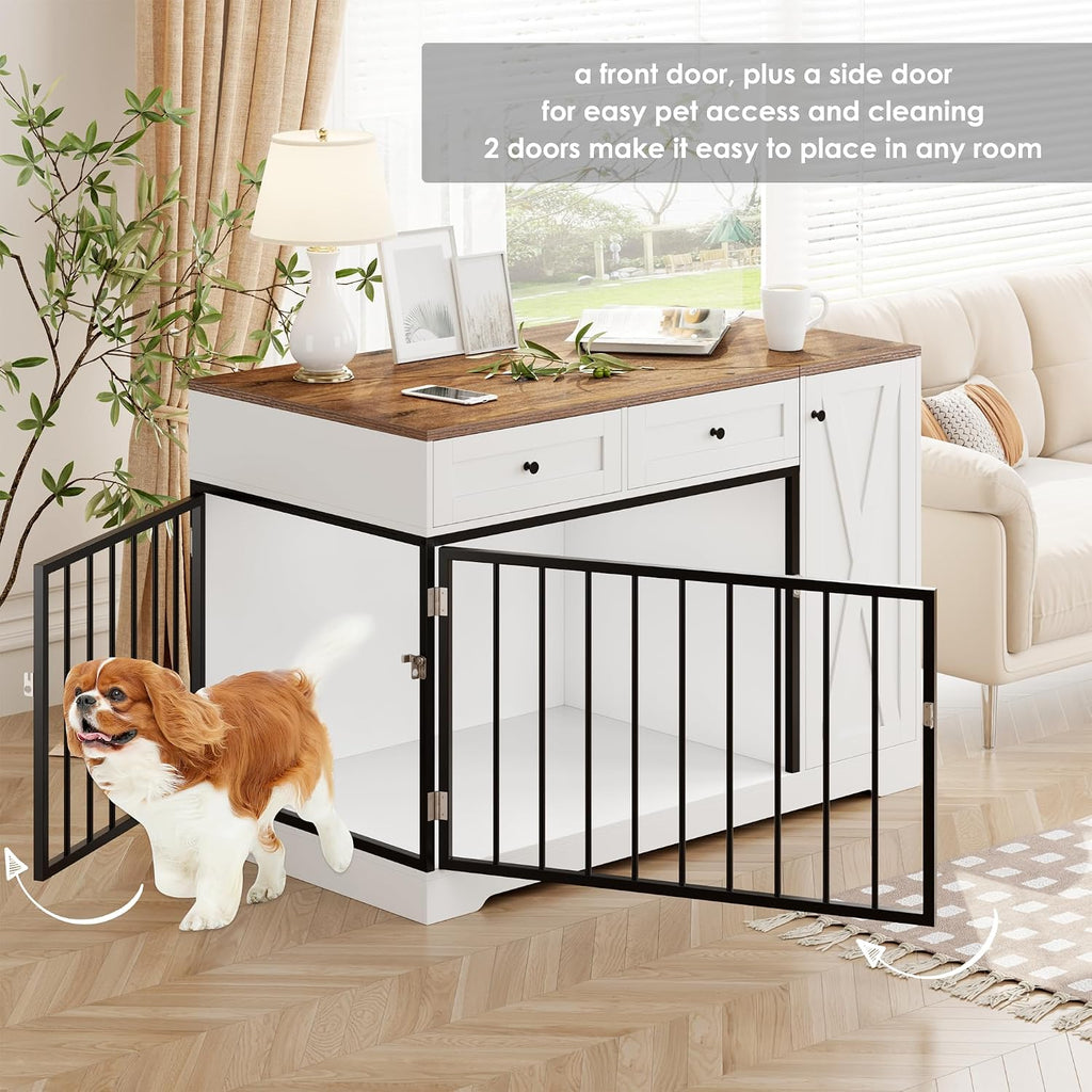 Dog Crate Furniture Kennel with Double Doors Wooden Pet House with 2 Drawers and Storage Cabinet, Indoor Dog Cage