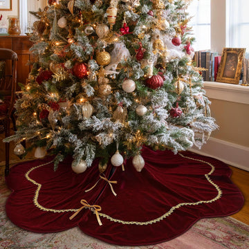 Christmas Tree Skirt 60 Inch Red Velvet Fur Scallop Tree Skirt Sparking Gold Lace Trim for Party Rustic Xmas Holiday