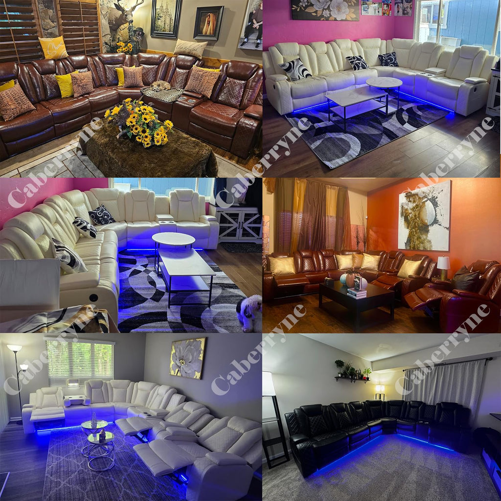 Power Recliner Sofa Sectional Couch with LED Light, Burgundy Leather Reclining Corner Sectional Sofa with 3