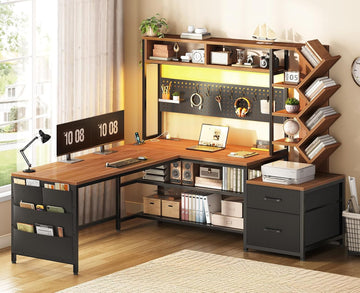 L Shaped Office Desk with Drawers and Hutch, Convertible 97.6" Double Computer Desk, Corner Gaming Desk with Storage