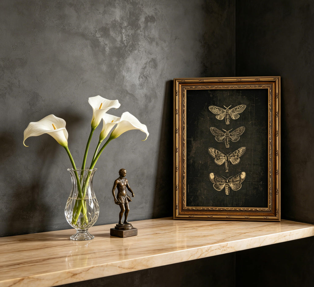 Vintage Gold Framed Moth Wall Art, Retro Dark Academia Butterfly Insect Canvas Print Poster, Gothic Decor Bedroom