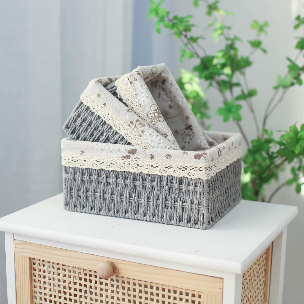 Macrame Storage Baskets Set of 3 Boho Decor Baskets for Organizing Decorative Paper Rope Woven Storage Basket with