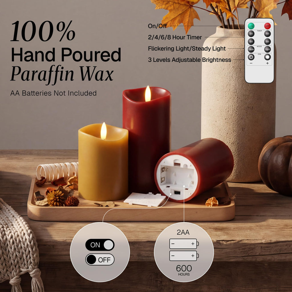 Fall Flameless Pillar Candles with Remote, Real Wax LED Candles, Set of 3