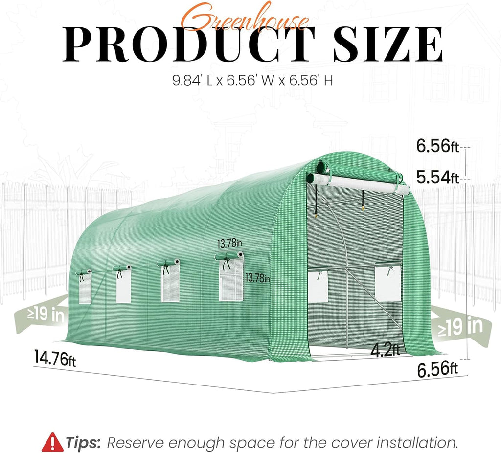Premium 15x7x7 FT Greenhouse for Outdoors, Large Heavy Duty | Galvanized Steel Frame, Mesh Door Screen Window Hoop