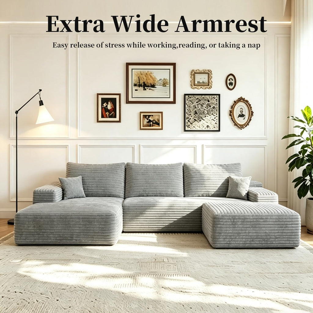 107" U Shaped Boneless Sofa with Left Chaise & Ottoman, Grey