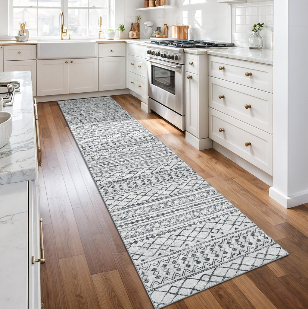Moroccan Boho Geometric Washable Runner Rug 2x10 Grey Vintage