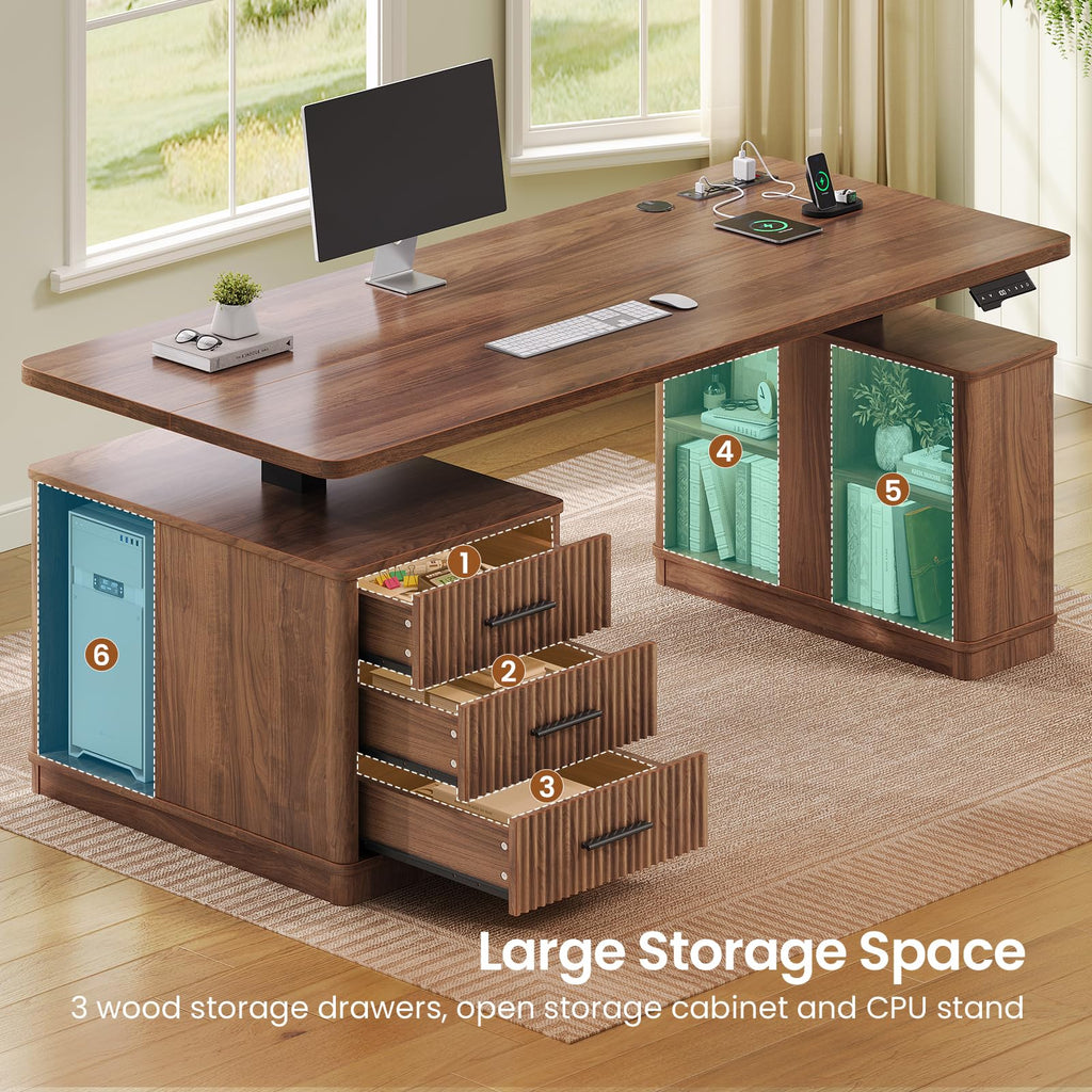 63" Fluted Electric Standing Desk with 3 Drawers, Storage Shelves