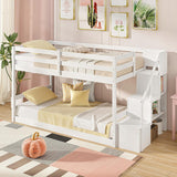 Twin Over Twin Bunk Bed with Stairs, Solid Wood Floor Bunk Bed with Storage Staircase & Full-Length Guardrails