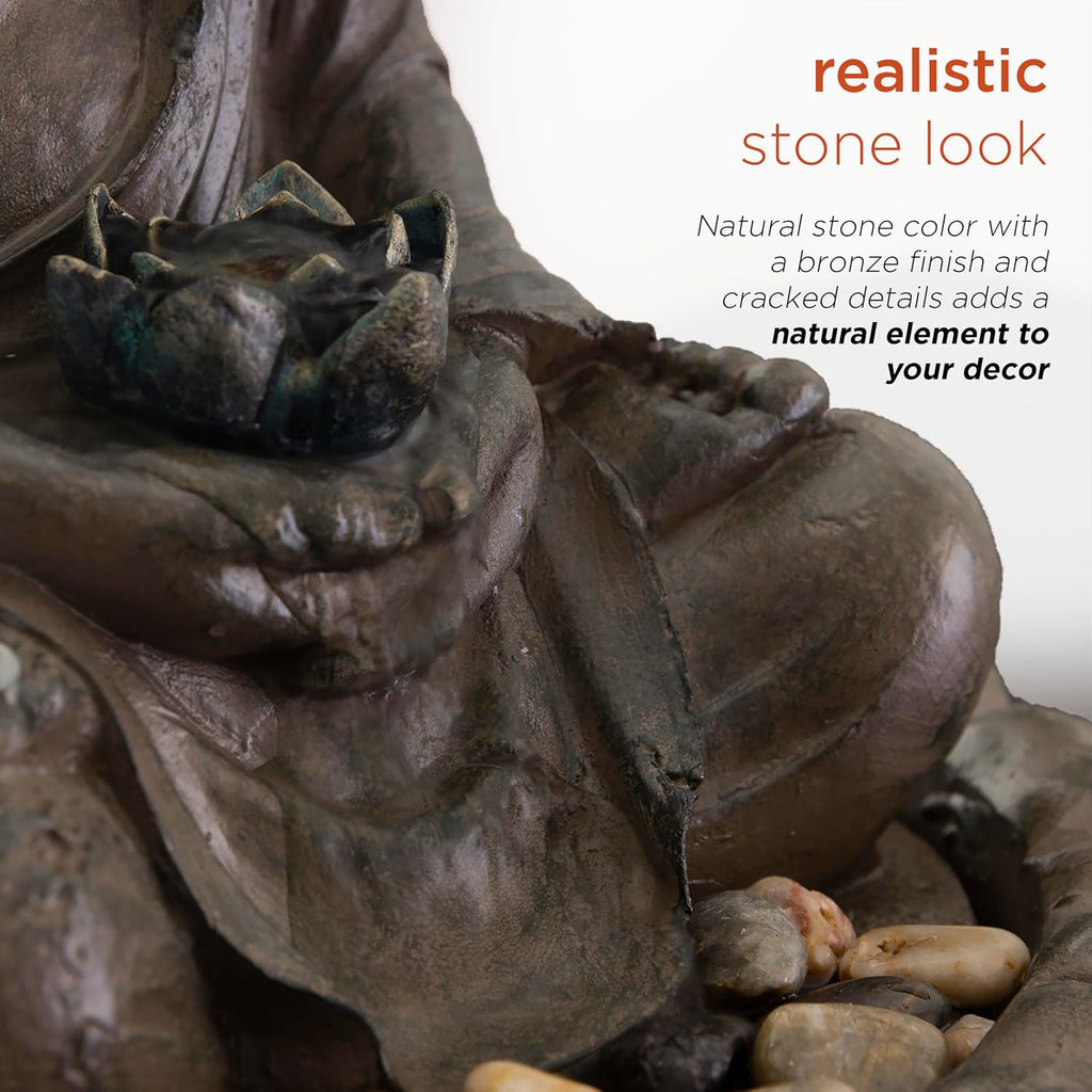 Indoor Tabletop Meditating Buddha Water Fountain with LED Lights and Lotus Flower, 19", Beige