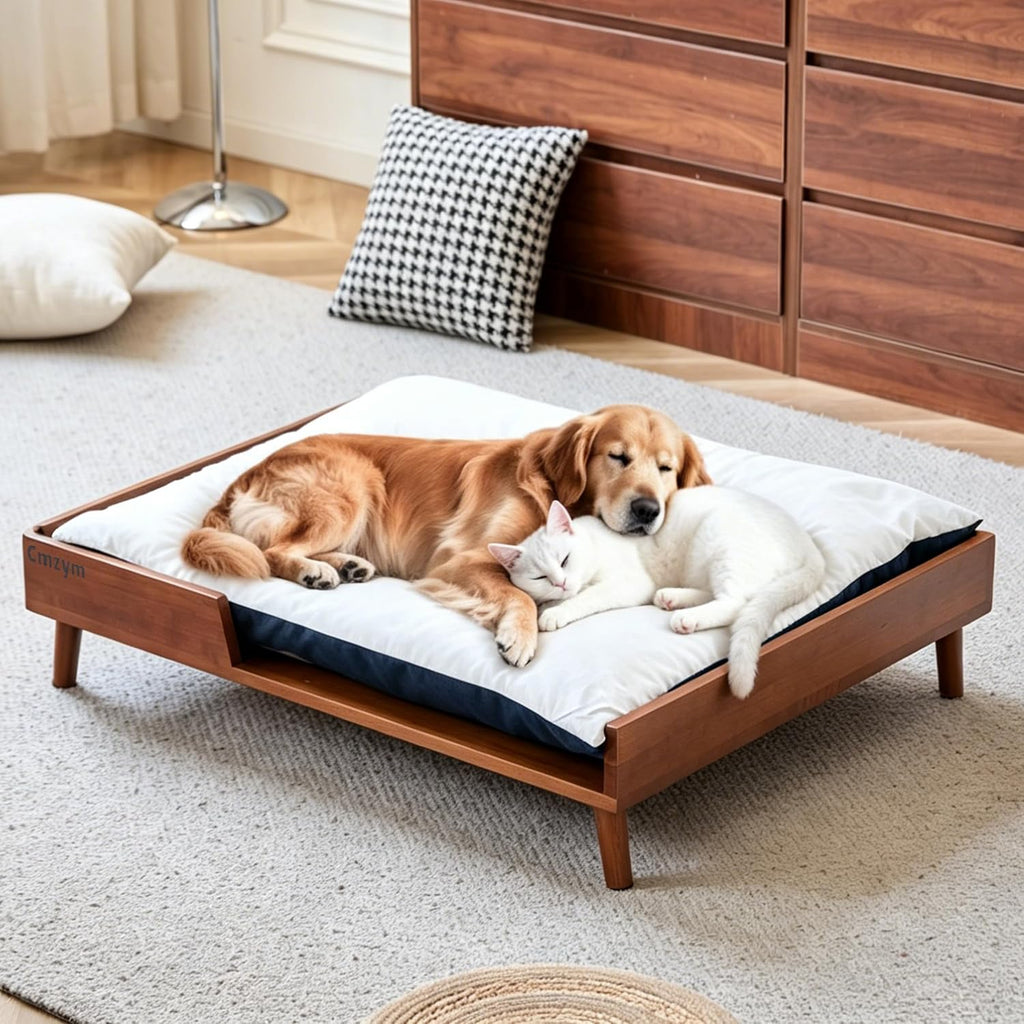 Elevated Dog Bed, Solid Wood Raised Pet Bed Frame with Cushion, Large