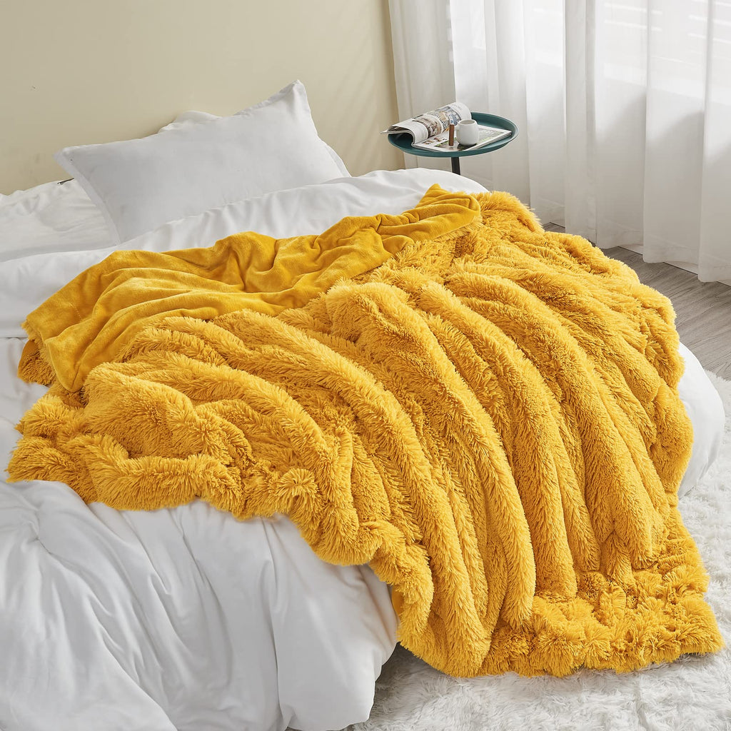 Fuzzy Faux Fur Queen Blanket for Couch, Mustard Yellow, 90"x90"