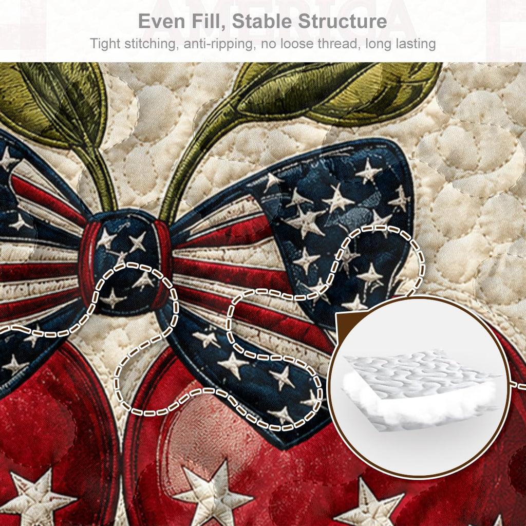 Patriotic Quilt Set with Americana Cherries and Gingham Border, Microfiber Lightweight Bedspread for Farmhouse