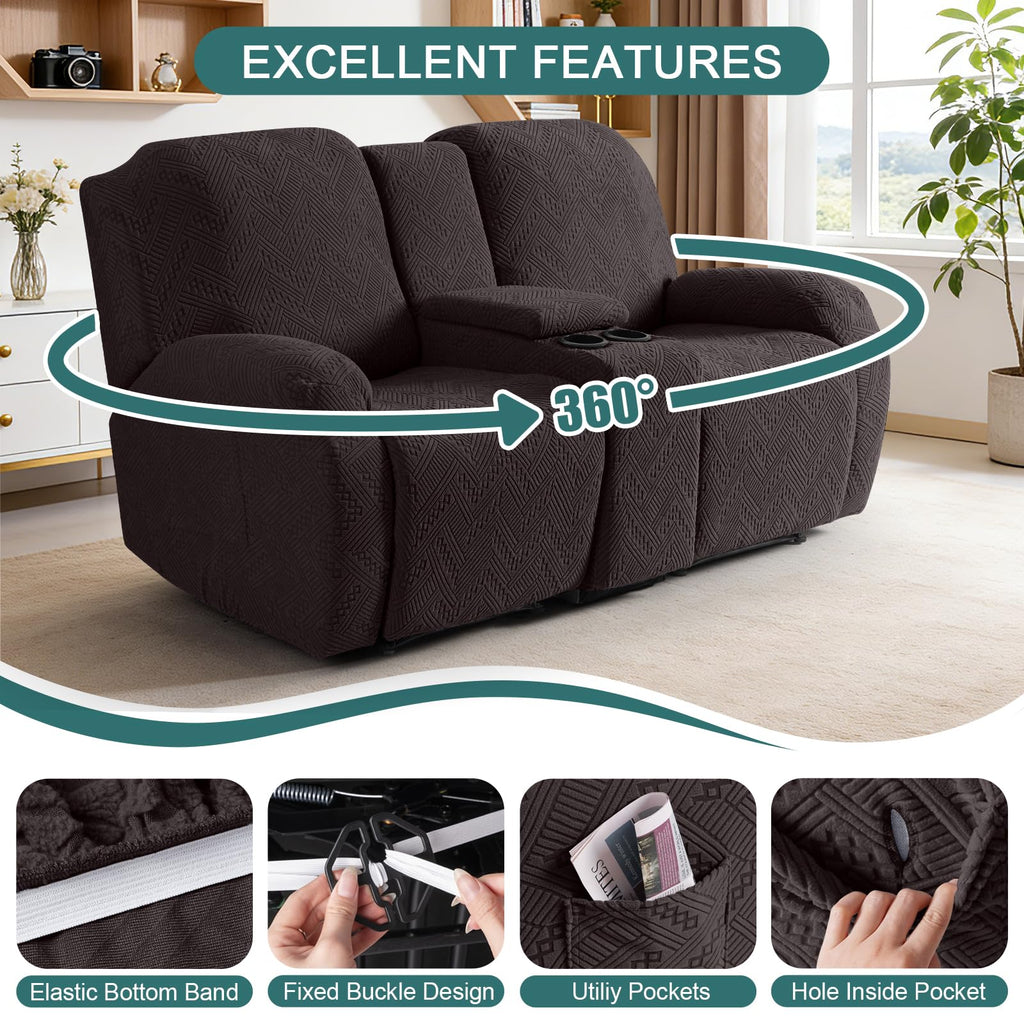 Stretch Loveseat Recliner Cover with Console, Chocolate