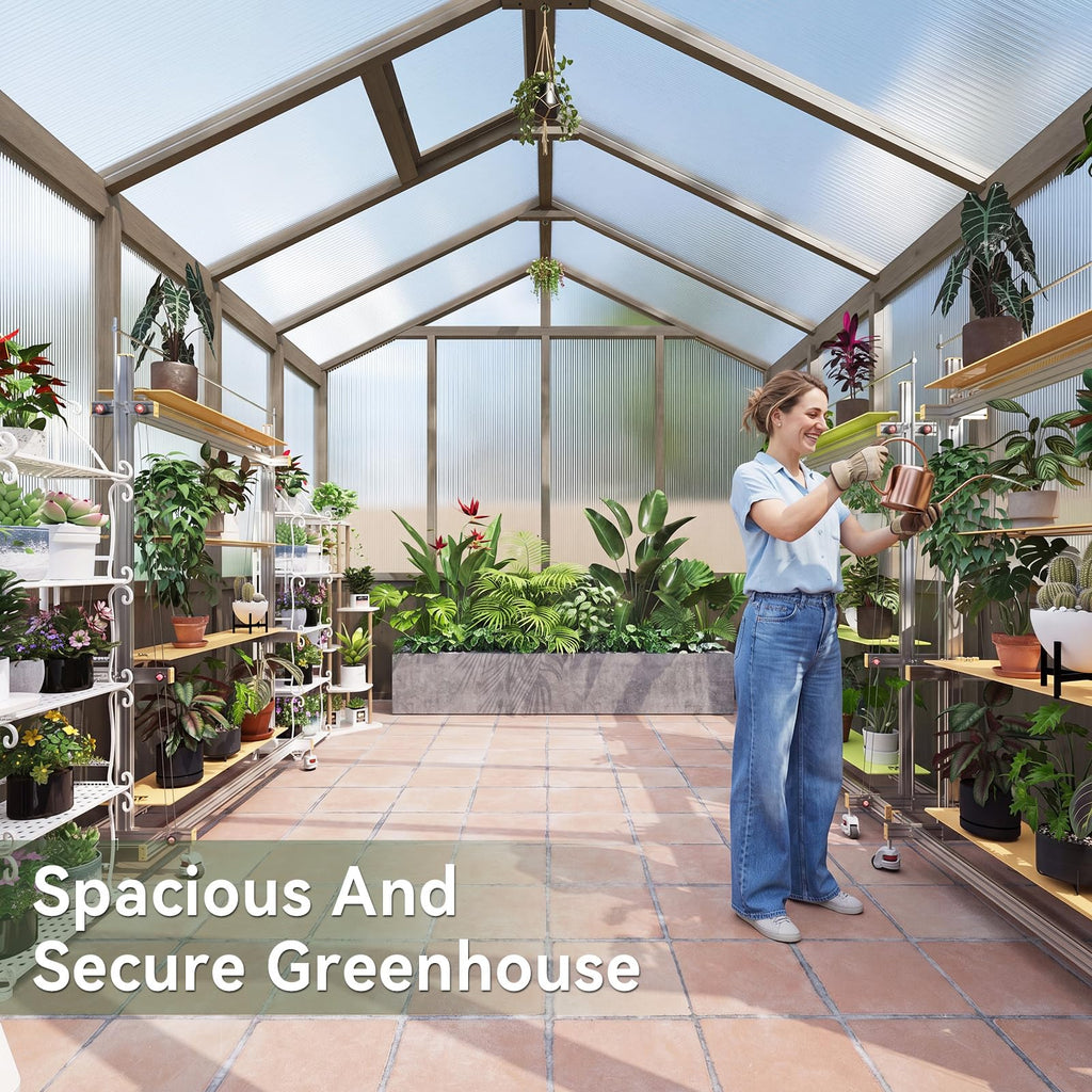8x10 FT Wooden Greenhouse for Outdoors, 6MM Thick Polycarbonate Panel Walk-in Green House Kit with Adjustable Roof