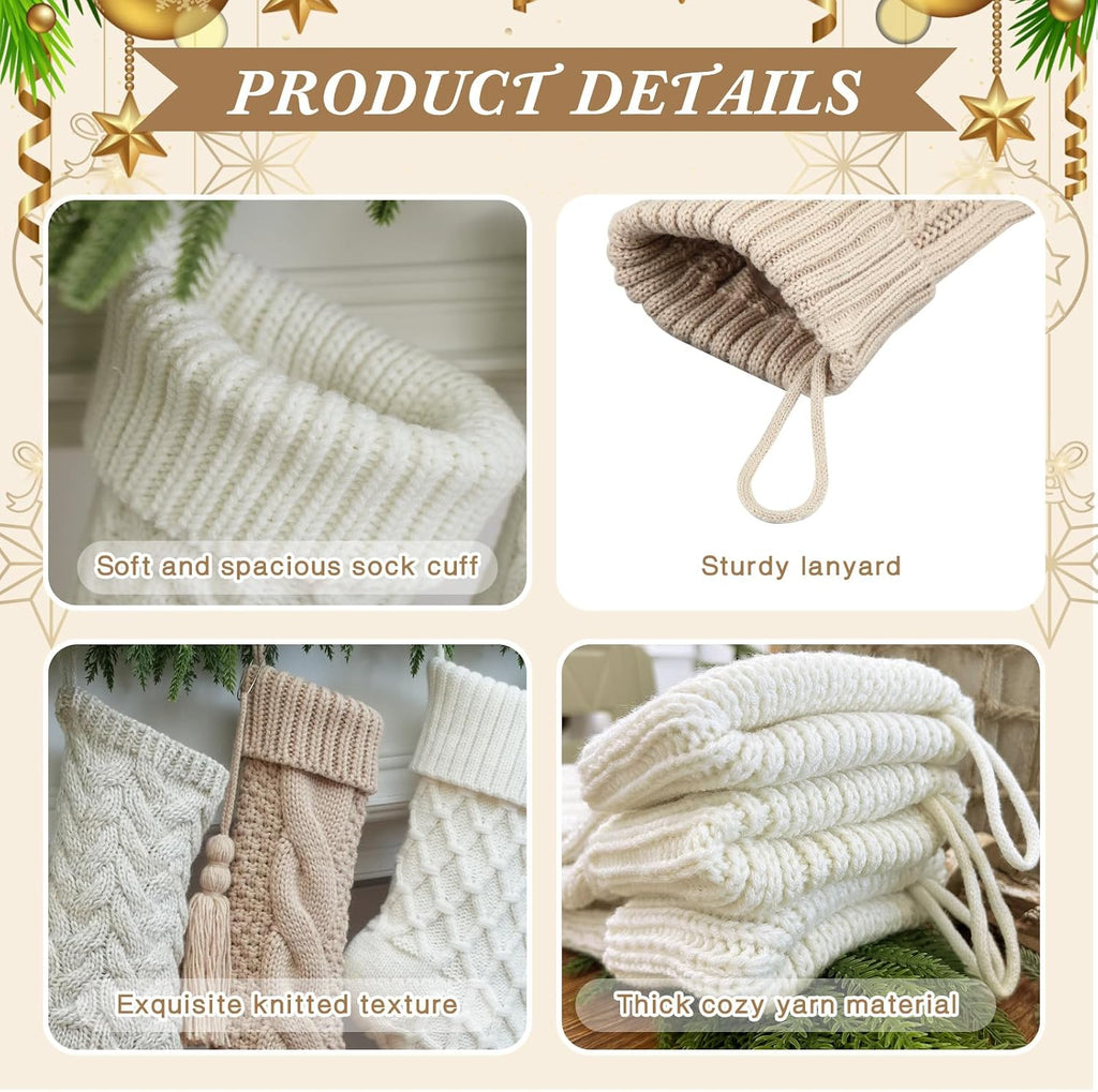 Vintage Knit Christmas Stockings - White Beige Apricot Rustic Boho Farmhouse Cable Knitted Holiday Set - Set of 6