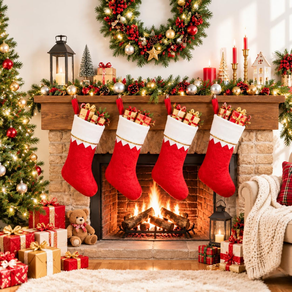 S Bulk 24 Pack - 15 Inch Red Felt Xmas Stockings, Large Santa Stockings for Holiday Fireplace Hanging Decor - Set of 24