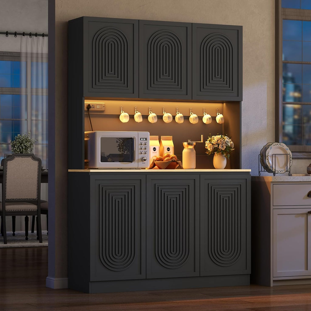 71" Black Kitchen Pantry with Power Outlet & LED Light, Large Kitchen Hutch Cabinet with Adjustable Shelf, Modern