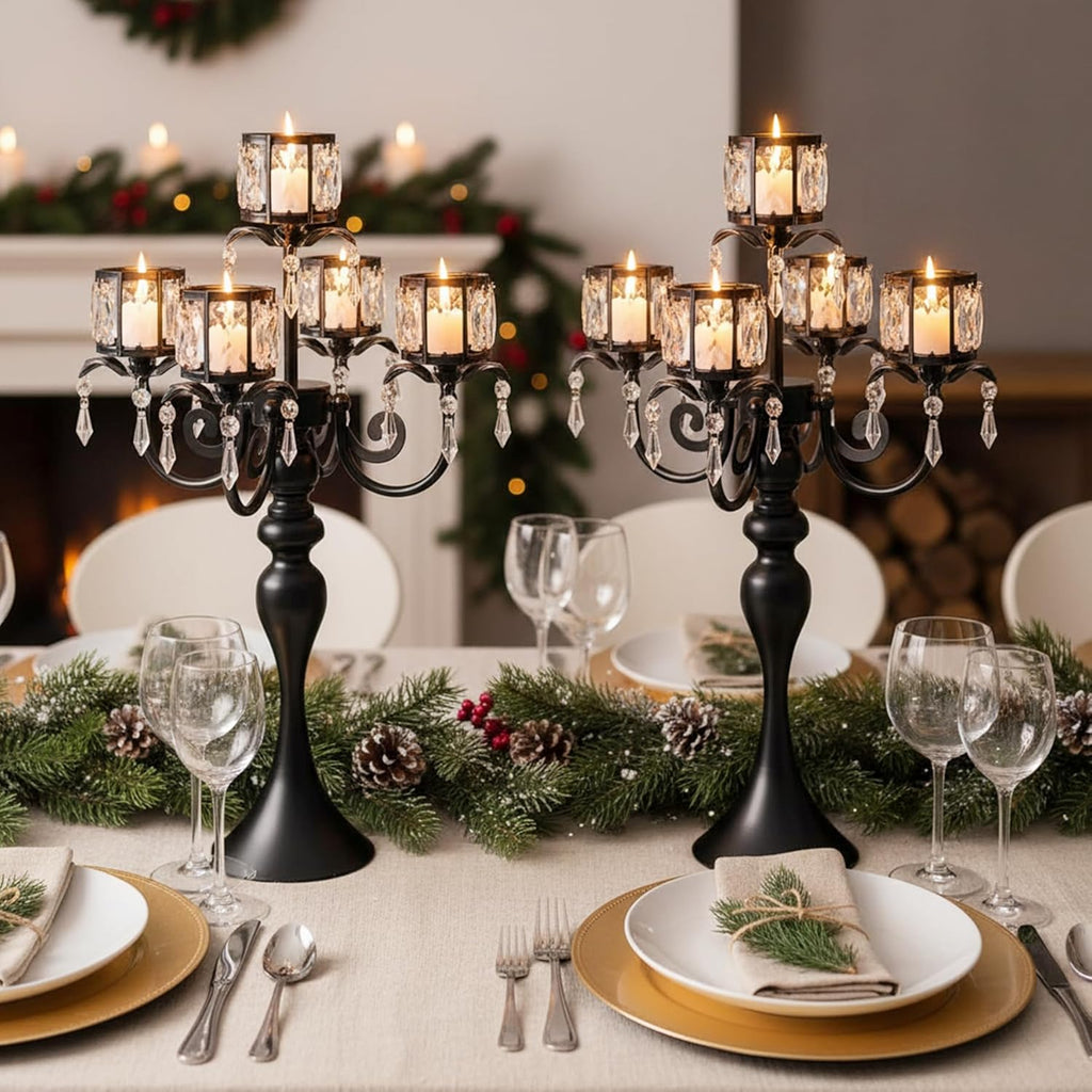 Black Candelabra Centerpieces for Tables - 5 Arm Crystal Pendant Candle Holders, Elegant Metal Centerpieces