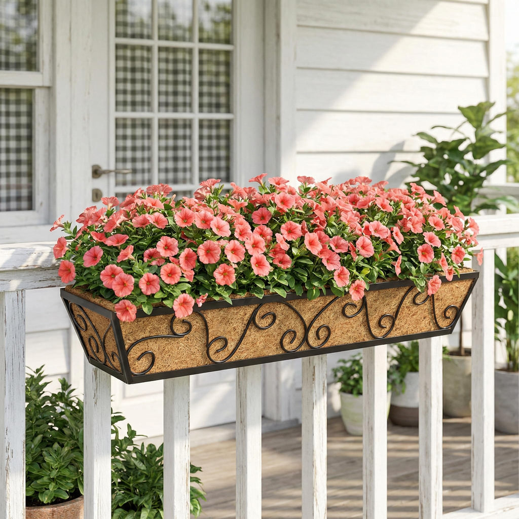 30x7 Inch Black Outdoor Rectangular Window Box Planter - Rust Resistant Steel, Plastic Coated - Perfect for Railings