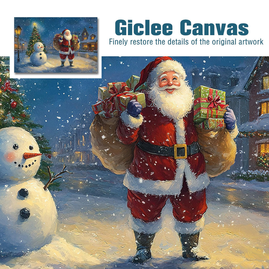 Vintage Christmas Canvas Wall Santa Claus and Snowman Painting 19th Century London New Year's Eve Street Scene Poster