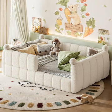 Upholstered Montessori Floor Bed with Fence, Beige