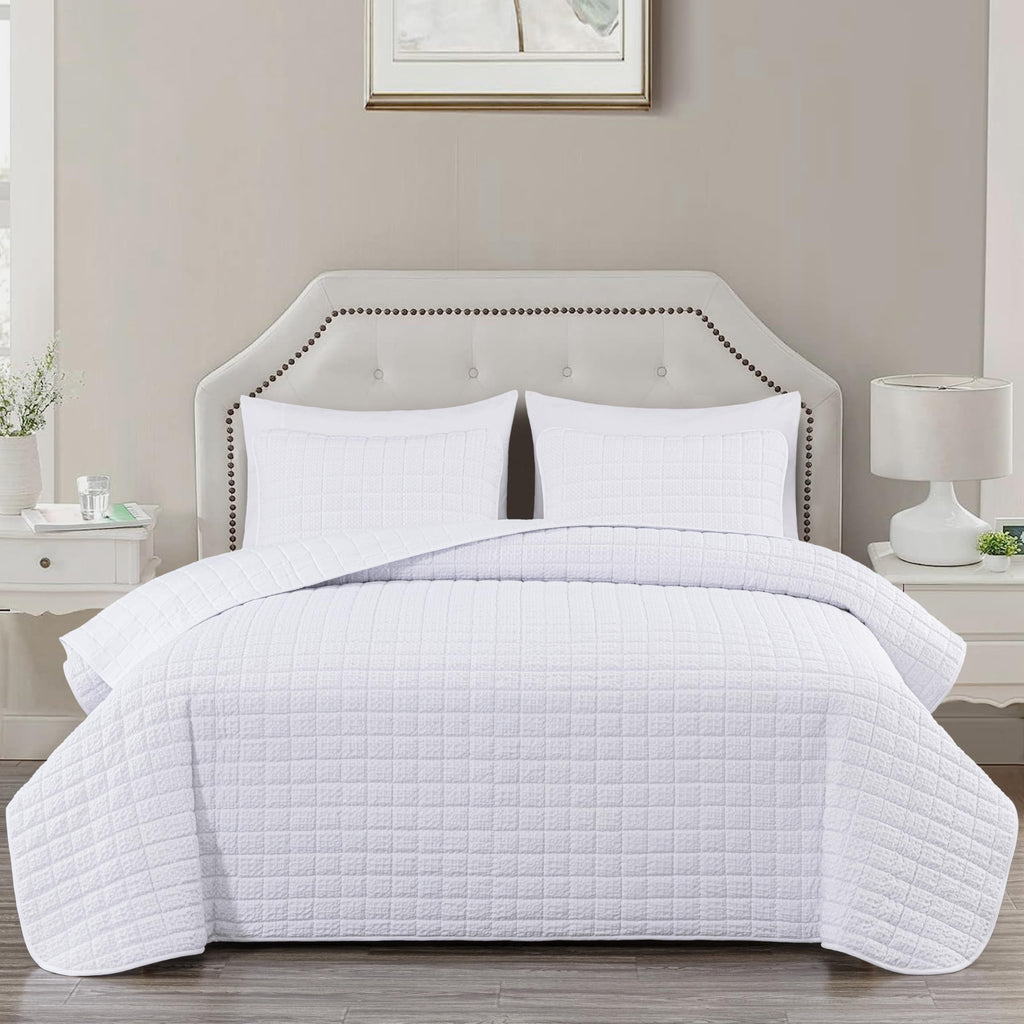 Wilmer 3-Piece Waffle Quilt Set, White, Soft and Cozy Waffle Weave Textured Lightweight Bedspread for All