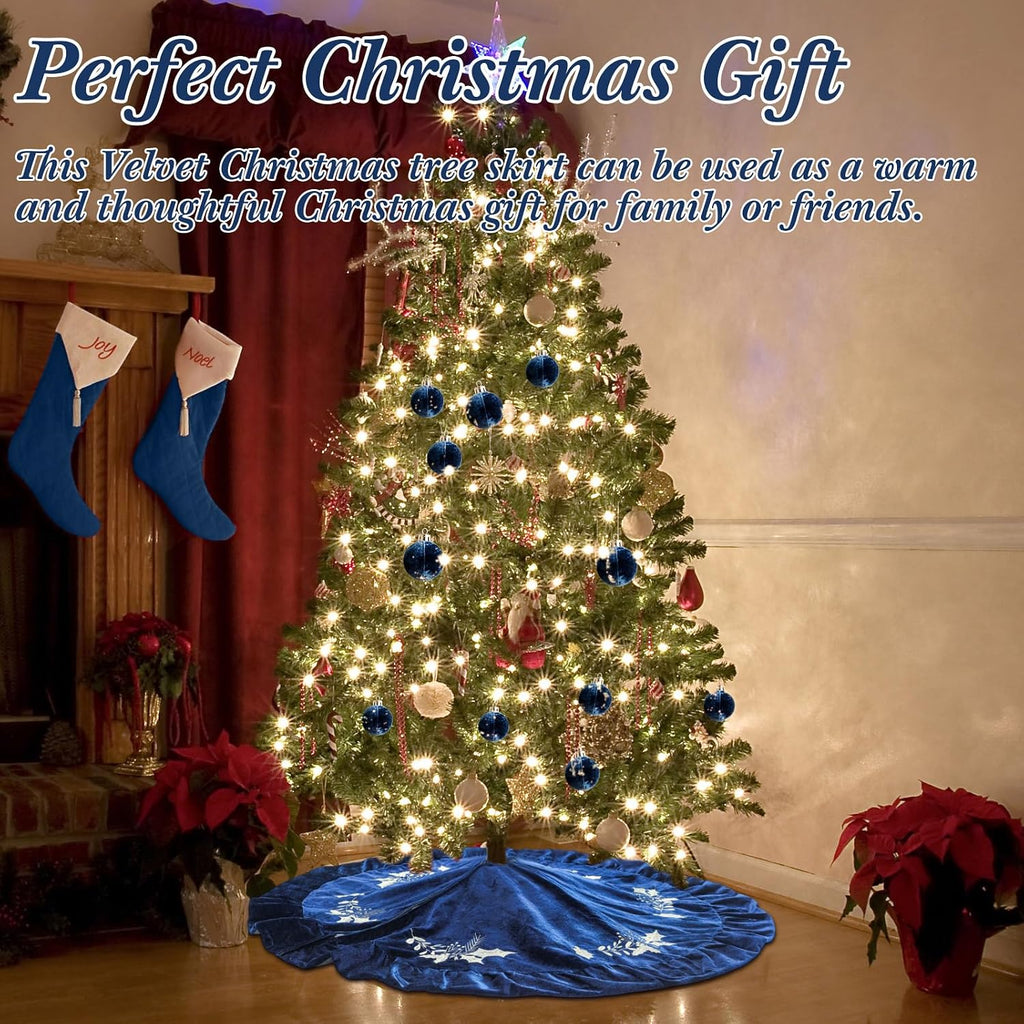 Christmas Tree Skirt, 48 Inches, Gold Embroidered Holly Style, Navy Blue