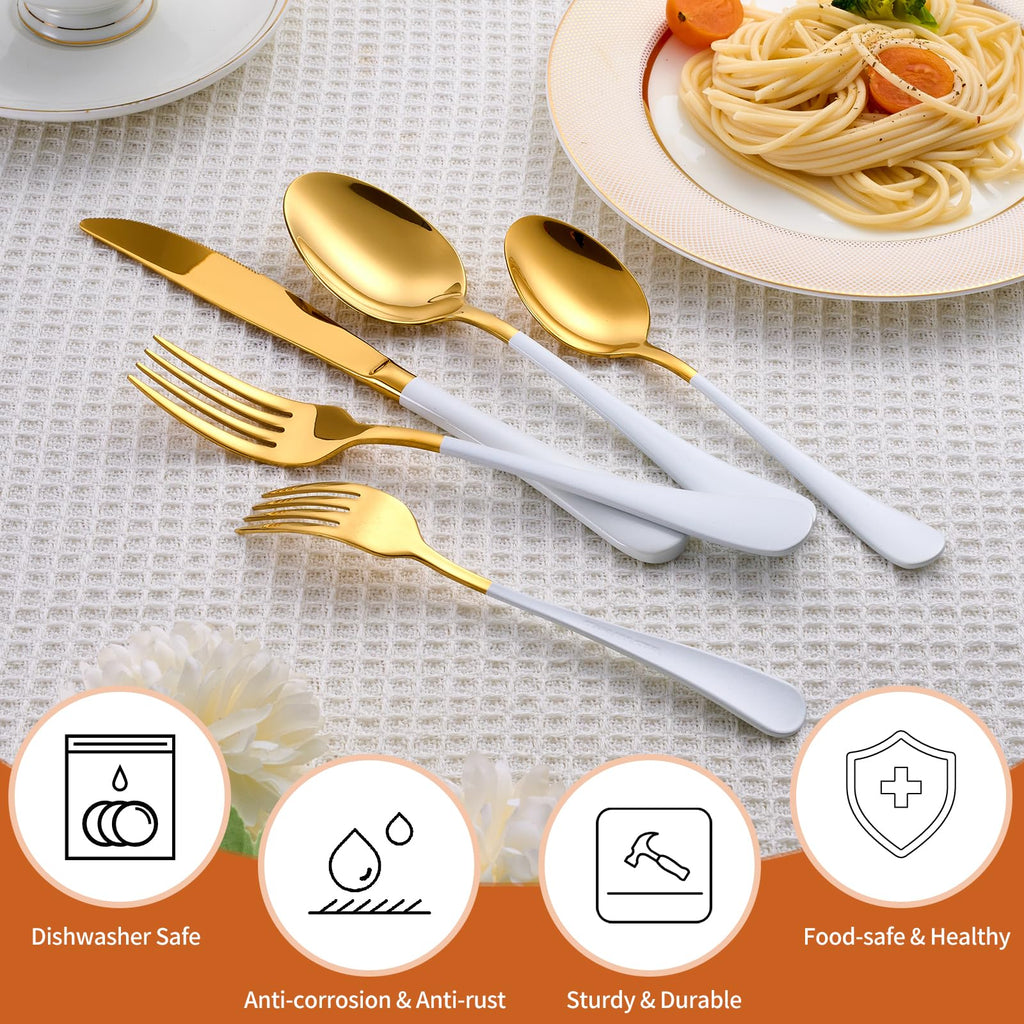 20 Piece Gold and White 18/0 Flatware Utensil Set for 4, Include Dinner Knife, Dinner Forks, Dinner Spoons, Salad