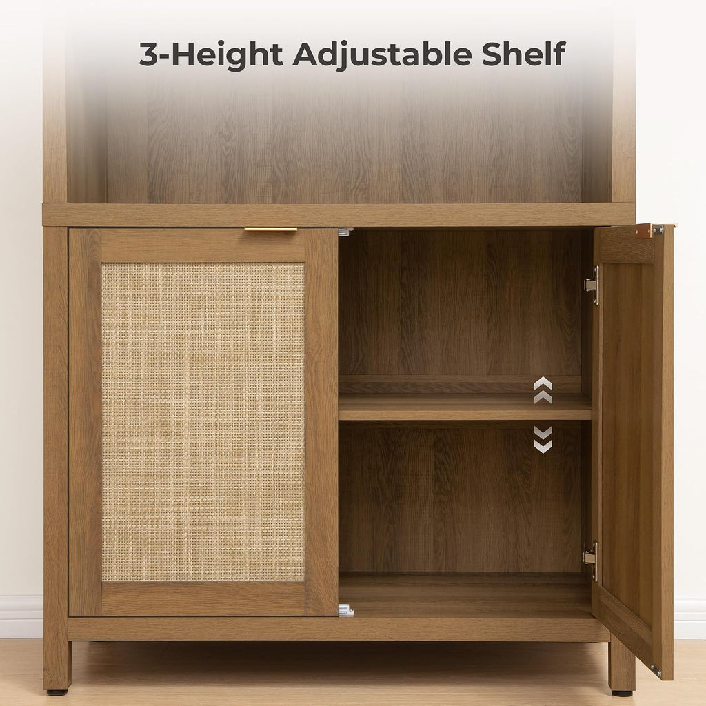 84.2" Tall Arched Bookcase with Doors - 5 Tier Rattan Bookshelf | Boho Arched Cabinet Large Book Shelf Case with
