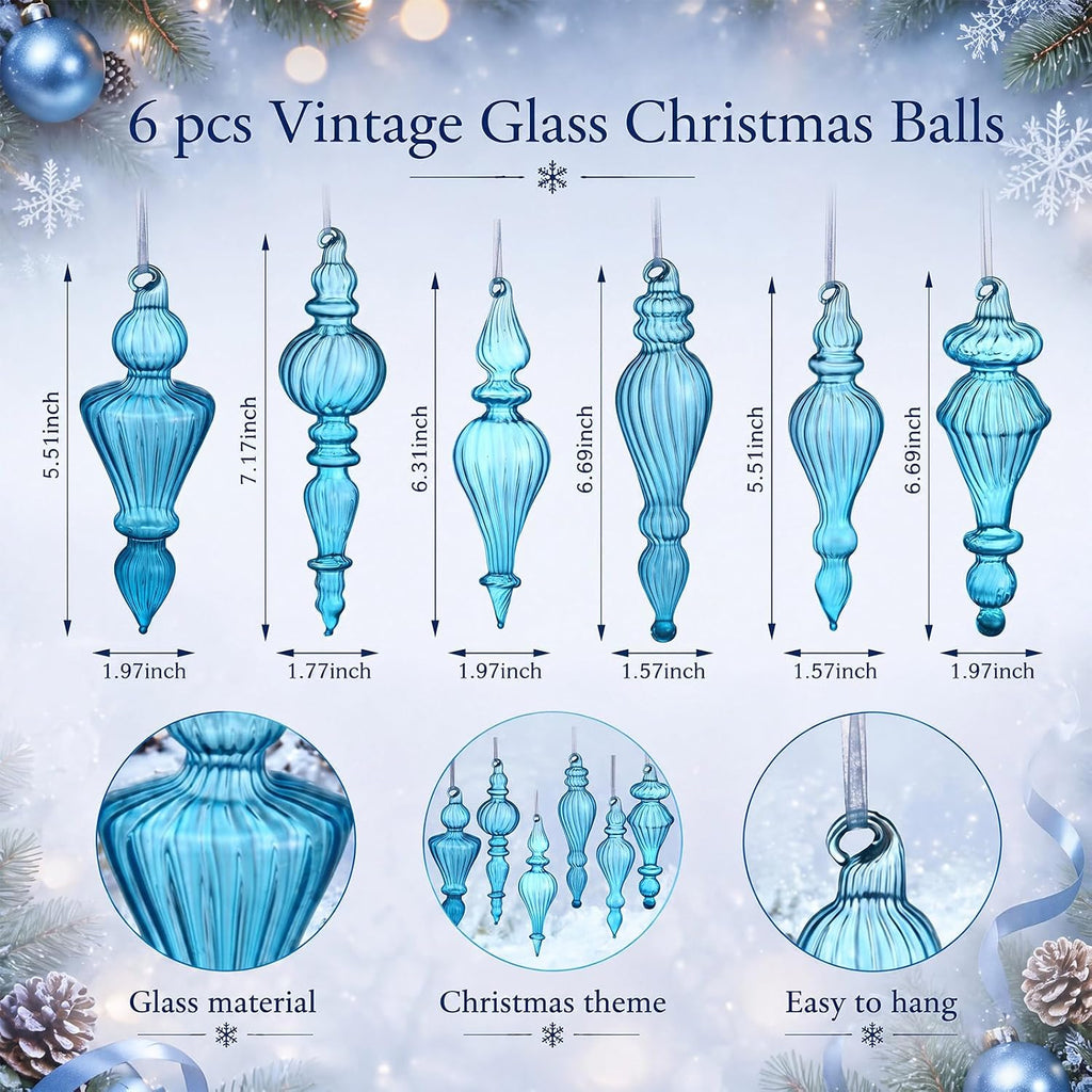 Vintage Glass Christmas Ornaments, Antique, Blue - Set of 6