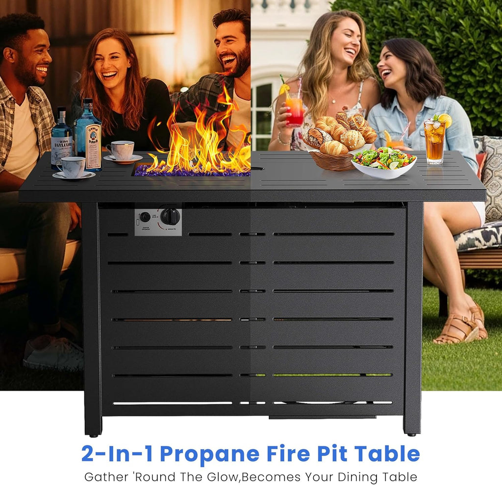 43-Inch Propane Fire Pit Table, 50,000 BTU Outdoor Gas Firepit with Waterproof Cover, Glass Stones, Removable Lid, Cup Holders, 2-in-1 Fire Table for - Image 7